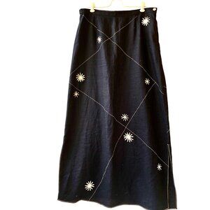 Annie Alexander Vtg 80's Black Linen Maxi Skirt Yarn Flowers Two Side Vents